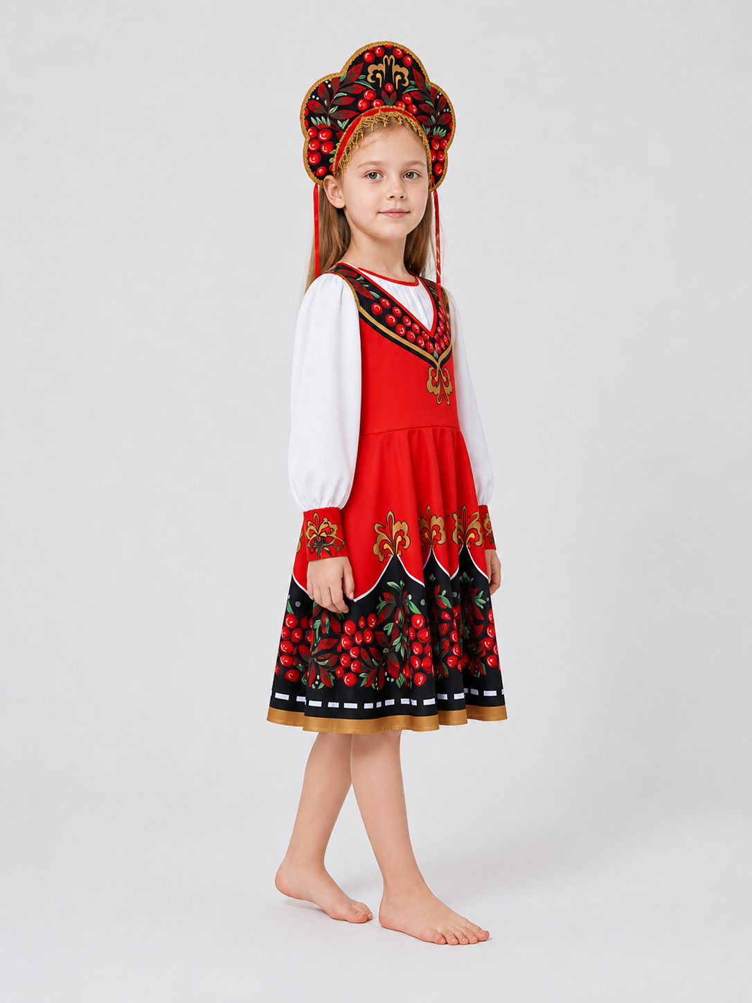 Children’s Retro Costume: Dress, Blouse, and Headwear side view
