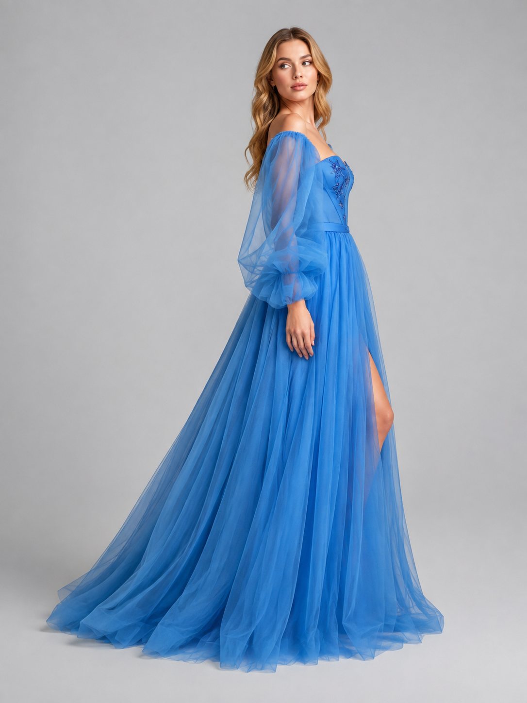 Blue Floor-Length Dress with a Corset Bodice side view