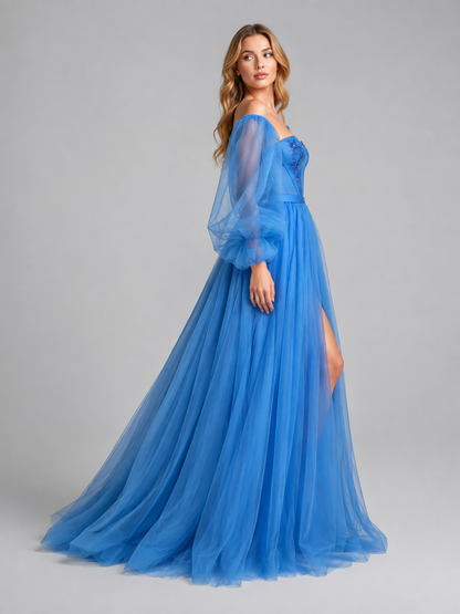 Blue Floor-Length Dress with a Corset Bodice side view