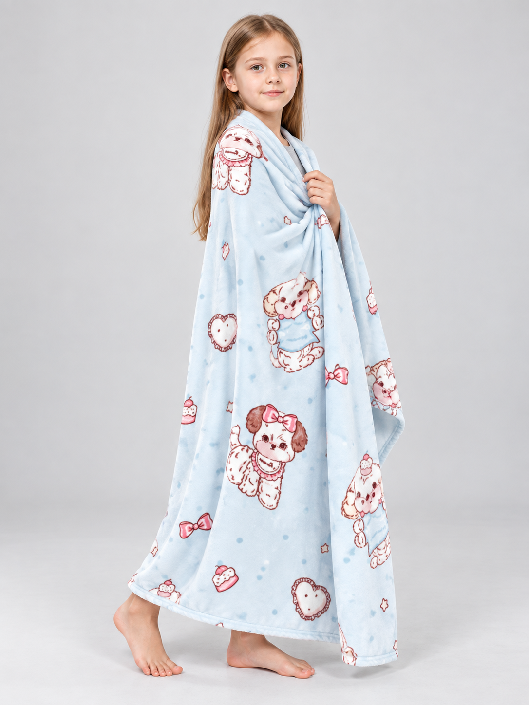 Reversible Light Blue Blanket with Dogs and Hearts