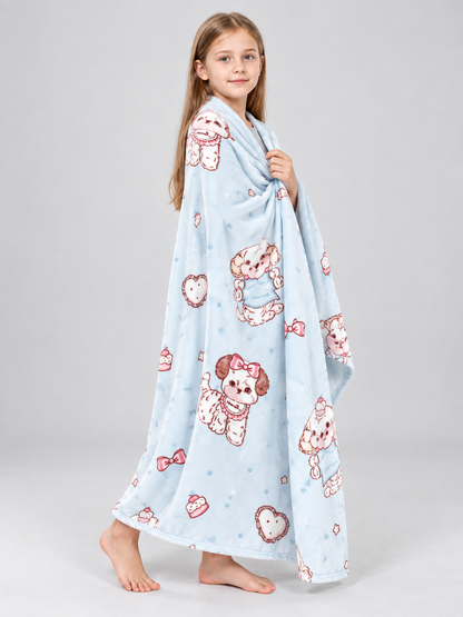 Reversible Light Blue Blanket with Dogs and Hearts
