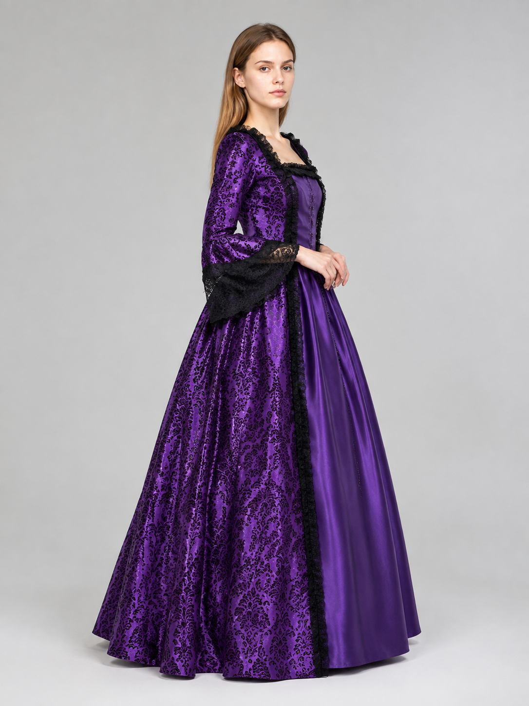 Purple Floor-Length Dress with a Full Flared Skirt side view