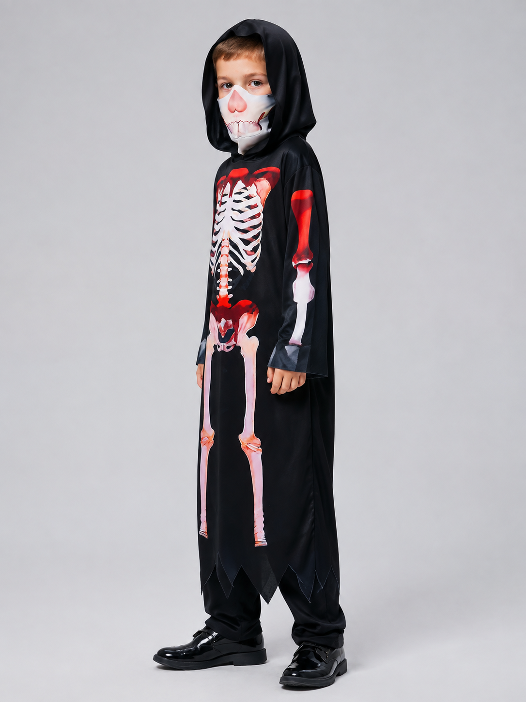 Children’s Grim Reaper Costume with Hood and Skeleton Print side view