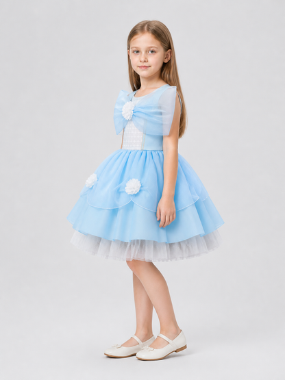 Light Blue Girls’ Princess Dress with Bow and Full Skirt side view