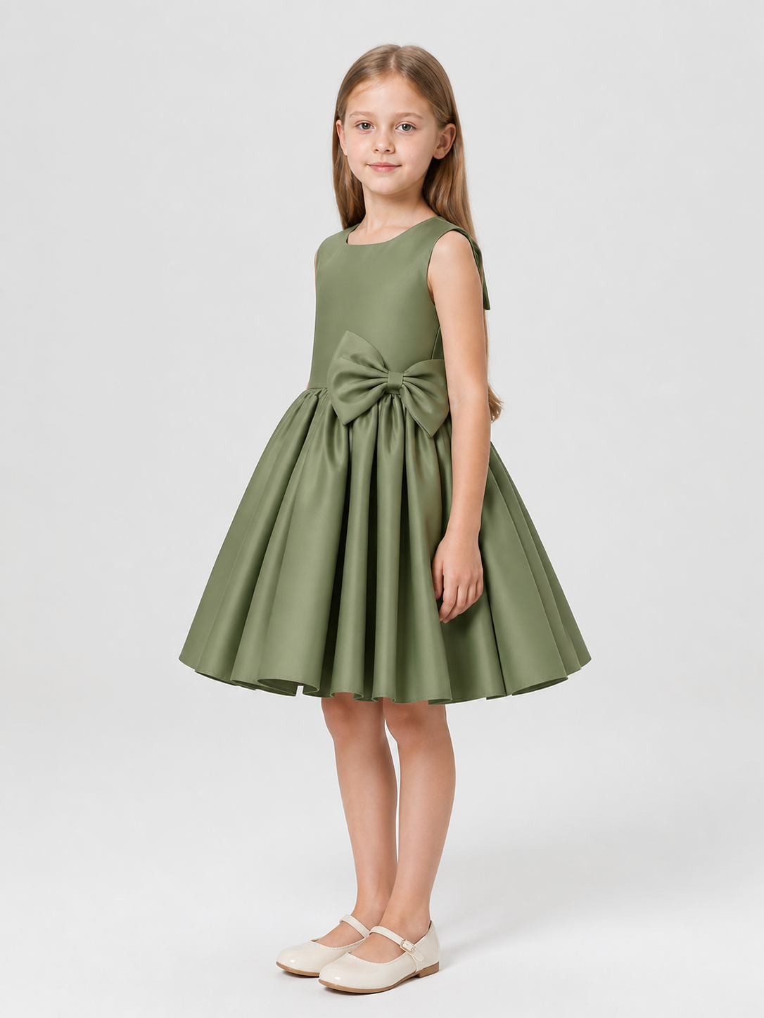 Children's Full Dress with a Large Bow, Green side view