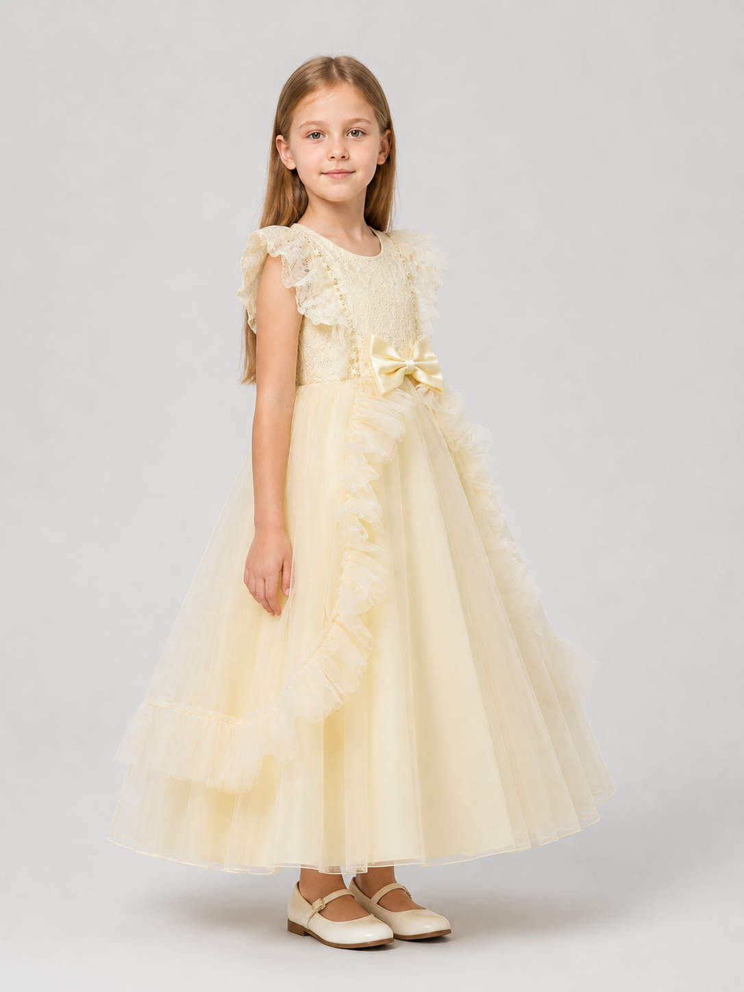 Full-Length Princess Dress with a Lace Bodice side view