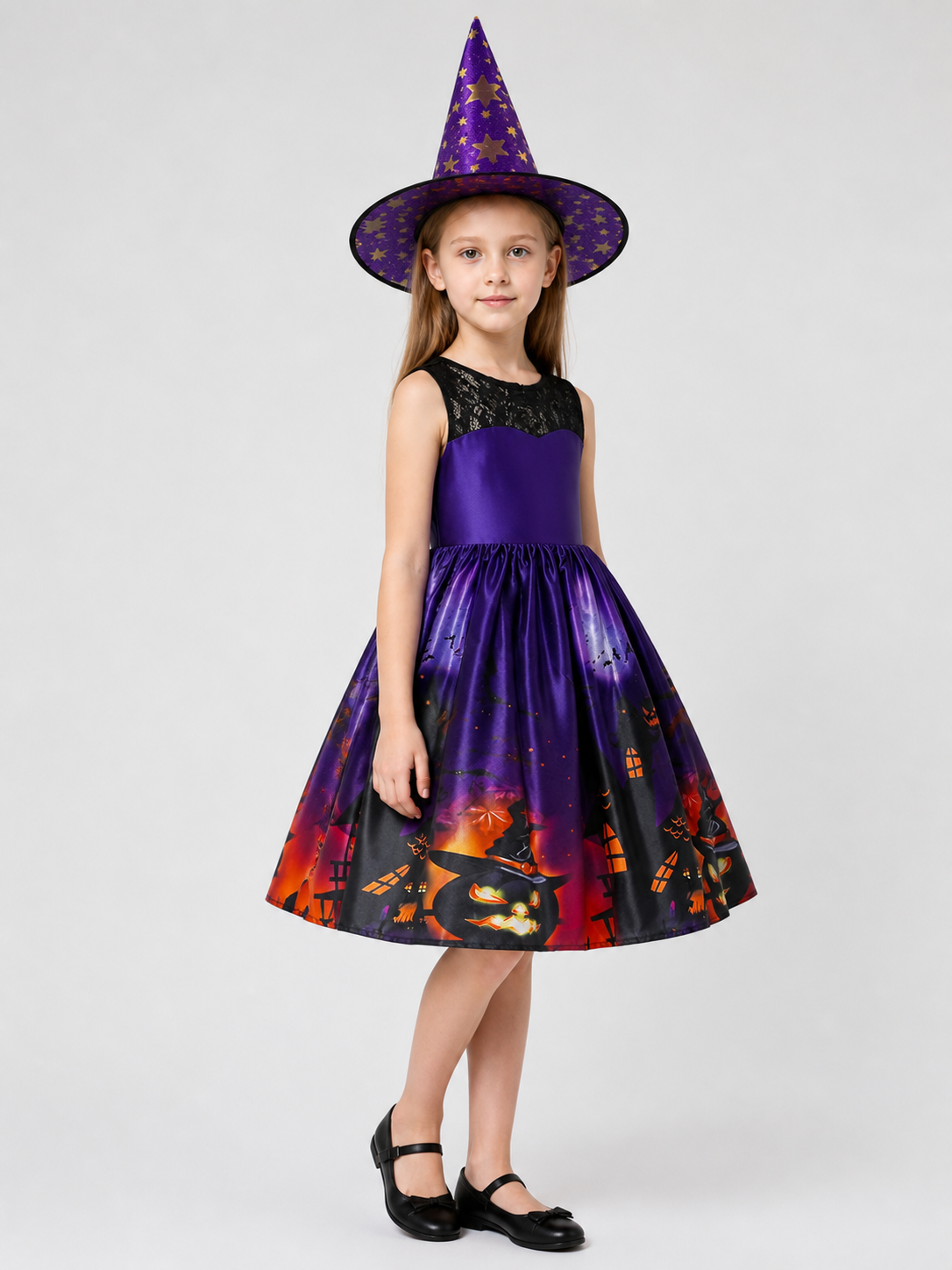 Kids' Witch Costume Dress with Hat, Purple, Halloween side view