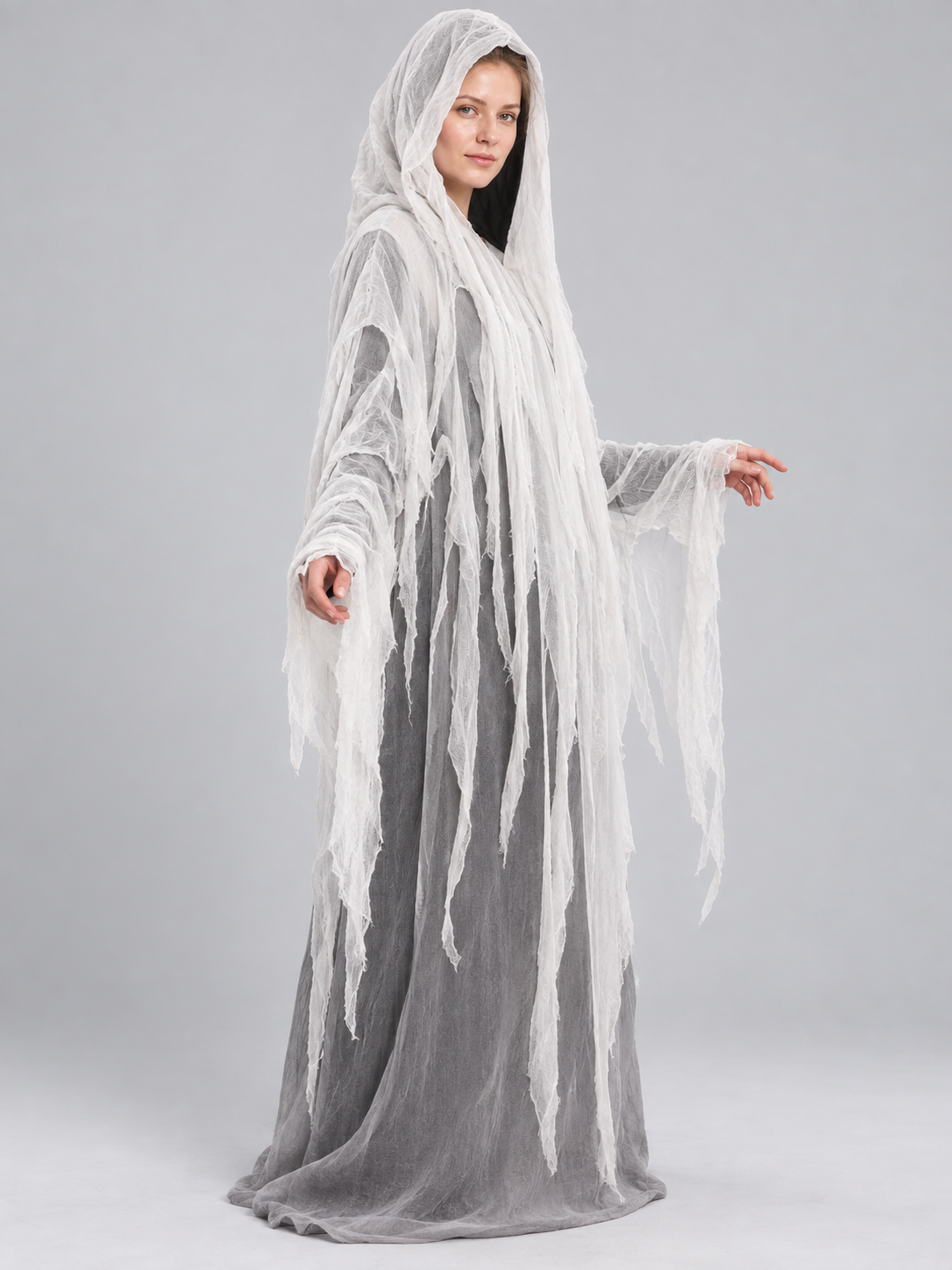 Hooded Ghost Costume with Torn Strips side view