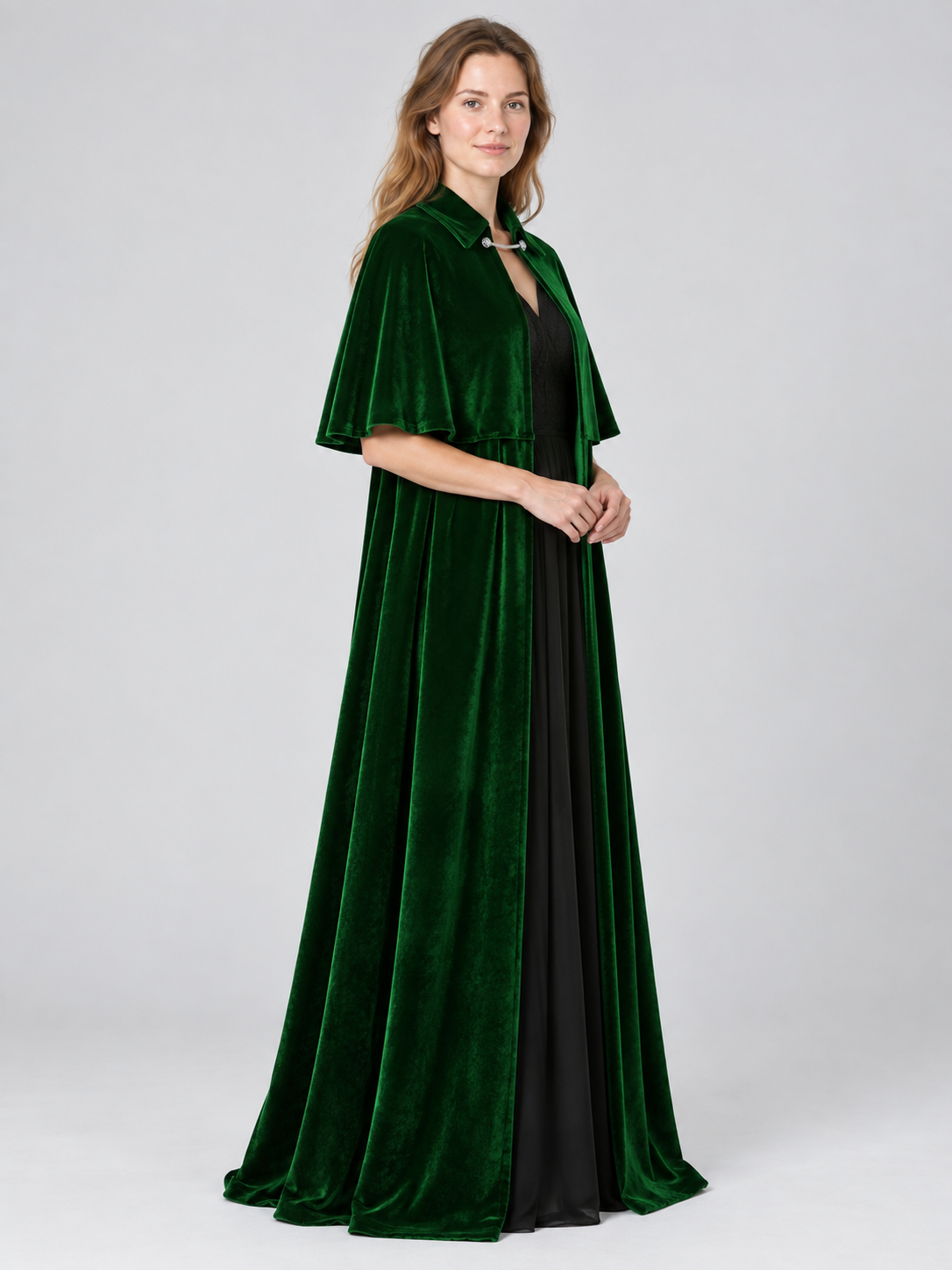 Long Dark Green Velvet Cloak with Collar