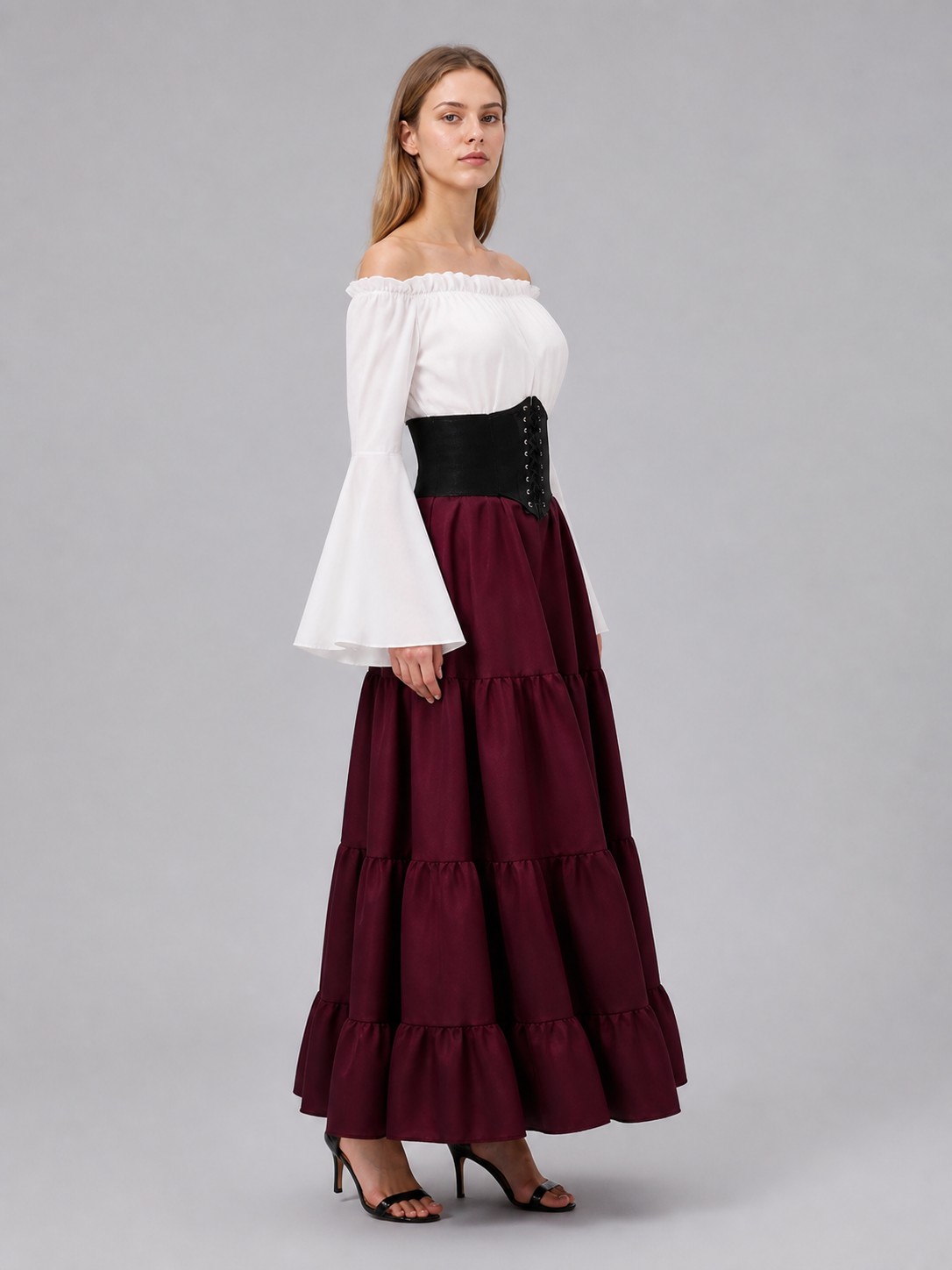 Floor-Length Dress with a Corset Belt and Tiered Skirt side view