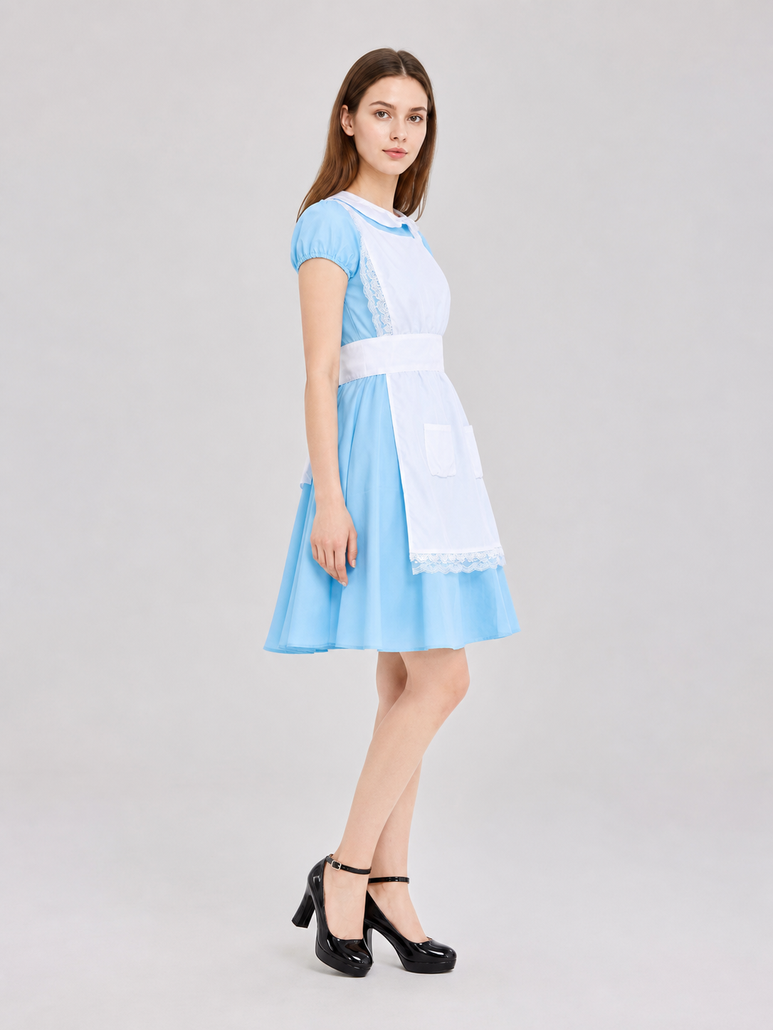 Dress with White Apron and Lace Trim side view