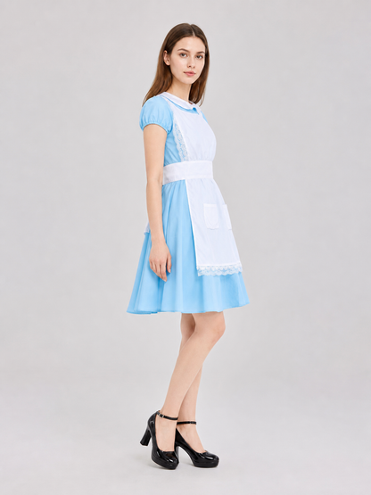 Dress with White Apron and Lace Trim side view