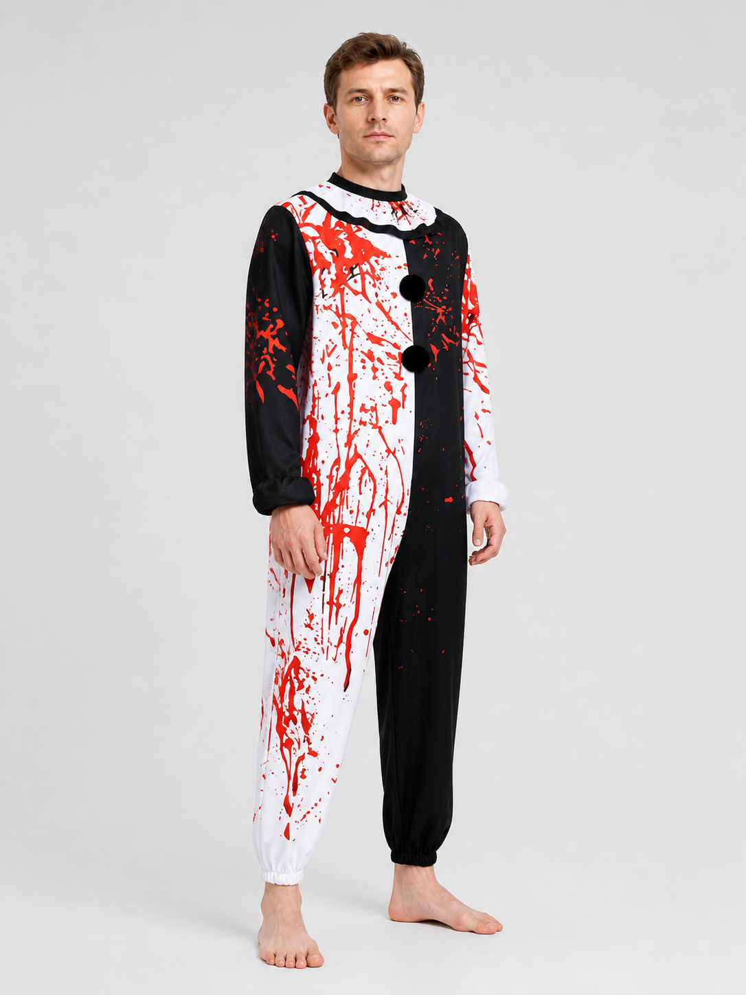 “Sinister Clown” Cosplay Costume, Black and White Jumpsuit side view