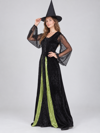 Witch Costume: Black Dress with Green Insert and Hat