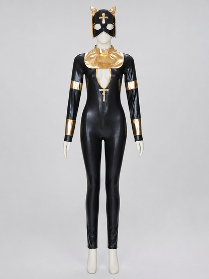Black and gold jumpsuit costume featuring a cat theme, intended for creating a cosplay and Halloween look. The design is a one-piece construction with long sleeves and full-length pants, complemented by decorative elements in black and gold