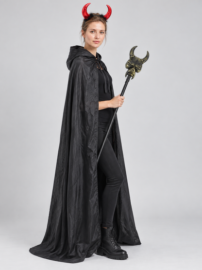 Costume set with cape, horns, and staff side view