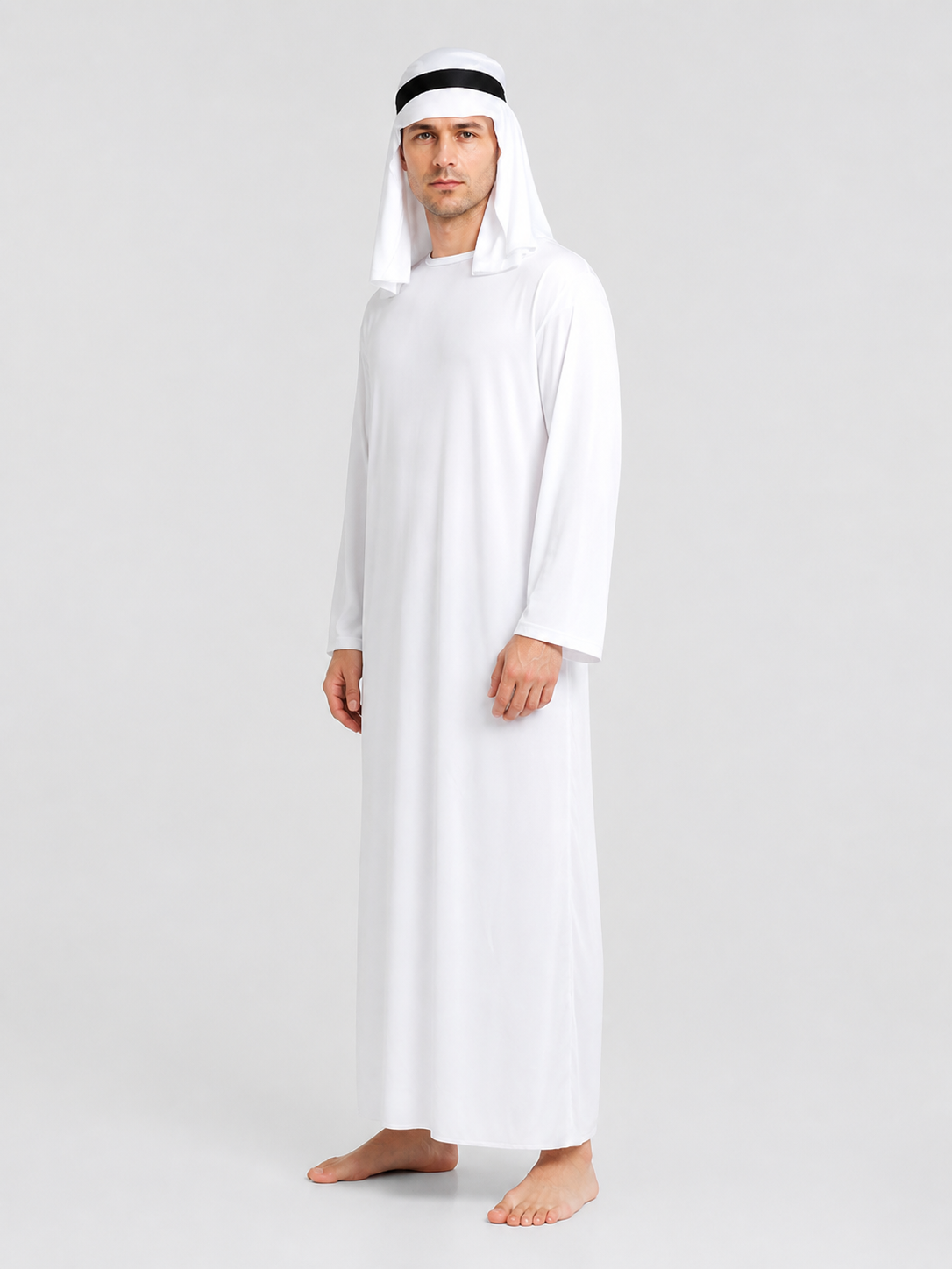Carnival Costume: White Long Robe and Headwear side view