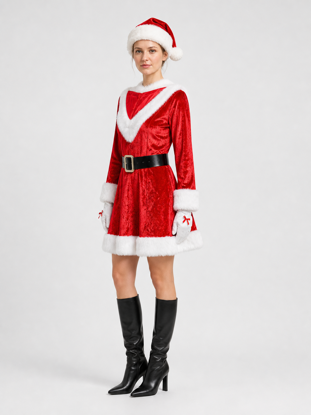 Santa Claus Costume, Red with White Trim and Hat, M-XL side view