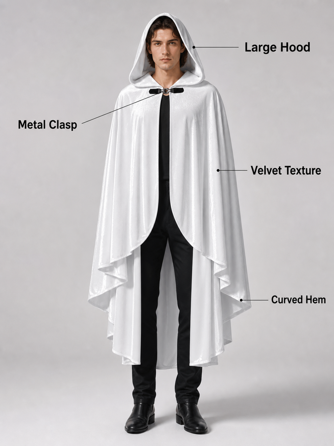 Long white hooded satin-look carnival cape product view 79