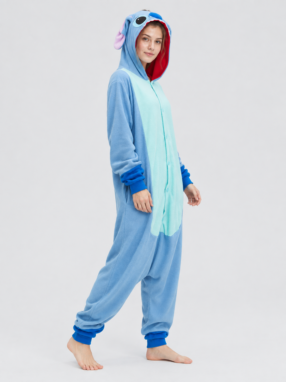 Fleece jumpsuit pajama with hood, face, and ears