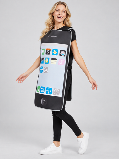 Smartphone-shaped carnival costume with screen and button