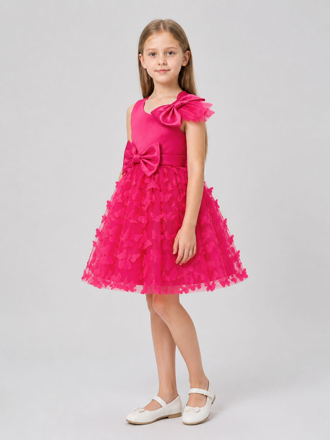 Full Pink Tulle Dress with Oversized Bows side view