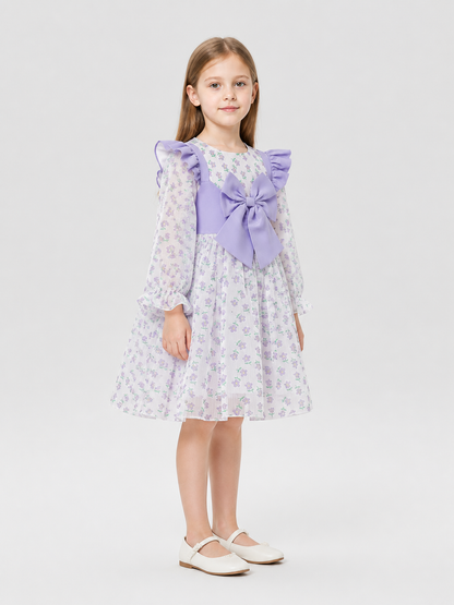Children's princess dress with floral print and bow side view