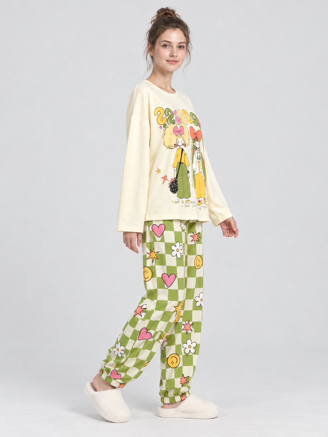 Pajama Set with Cartoon Print and Plaid Pants