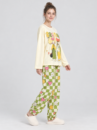 Pajama Set with Cartoon Print and Plaid Pants
