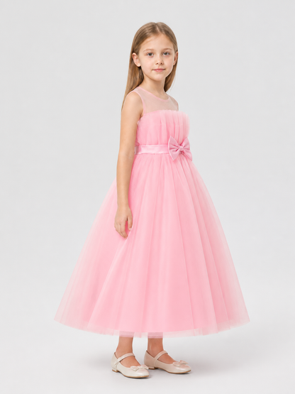 Long Pink Princess Dress with a Bow and Full Skirt side view