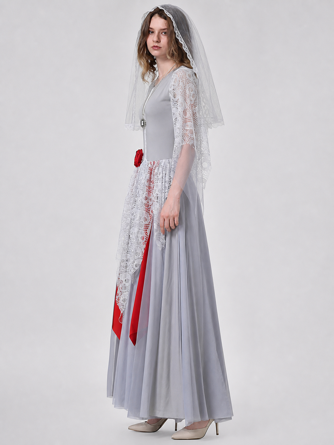 A retro court-inspired costume featuring a gray floor-length dress with white lace details and a veil. The design has a round neckline, long sleeves, a fitted bodice, and a flared skirt. White lace overlay appears on the sleeves and lower p