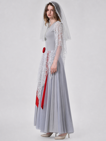 A retro court-inspired costume featuring a gray floor-length dress with white lace details and a veil. The design has a round neckline, long sleeves, a fitted bodice, and a flared skirt. White lace overlay appears on the sleeves and lower p