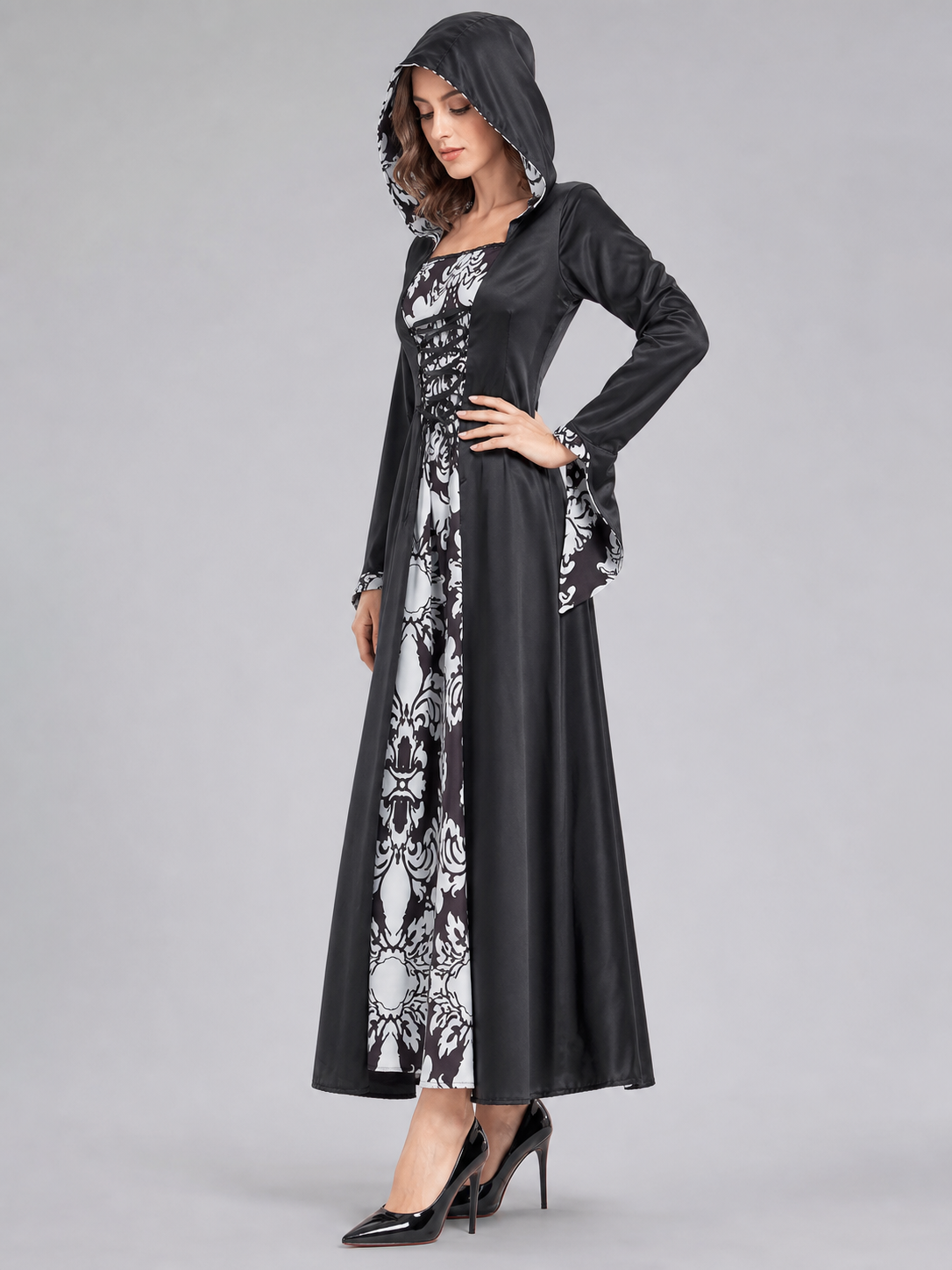 Long Gothic Hooded Dress with Lace-Up Detail