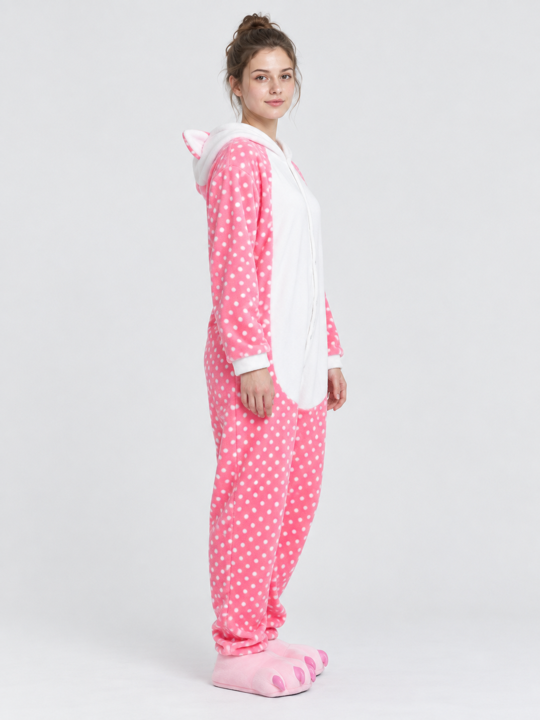 Pink Pajama Jumpsuit with White Polka Dots and Ears