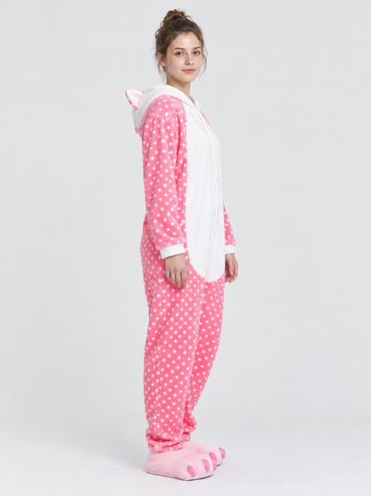 Pink Pajama Jumpsuit with White Polka Dots and Ears
