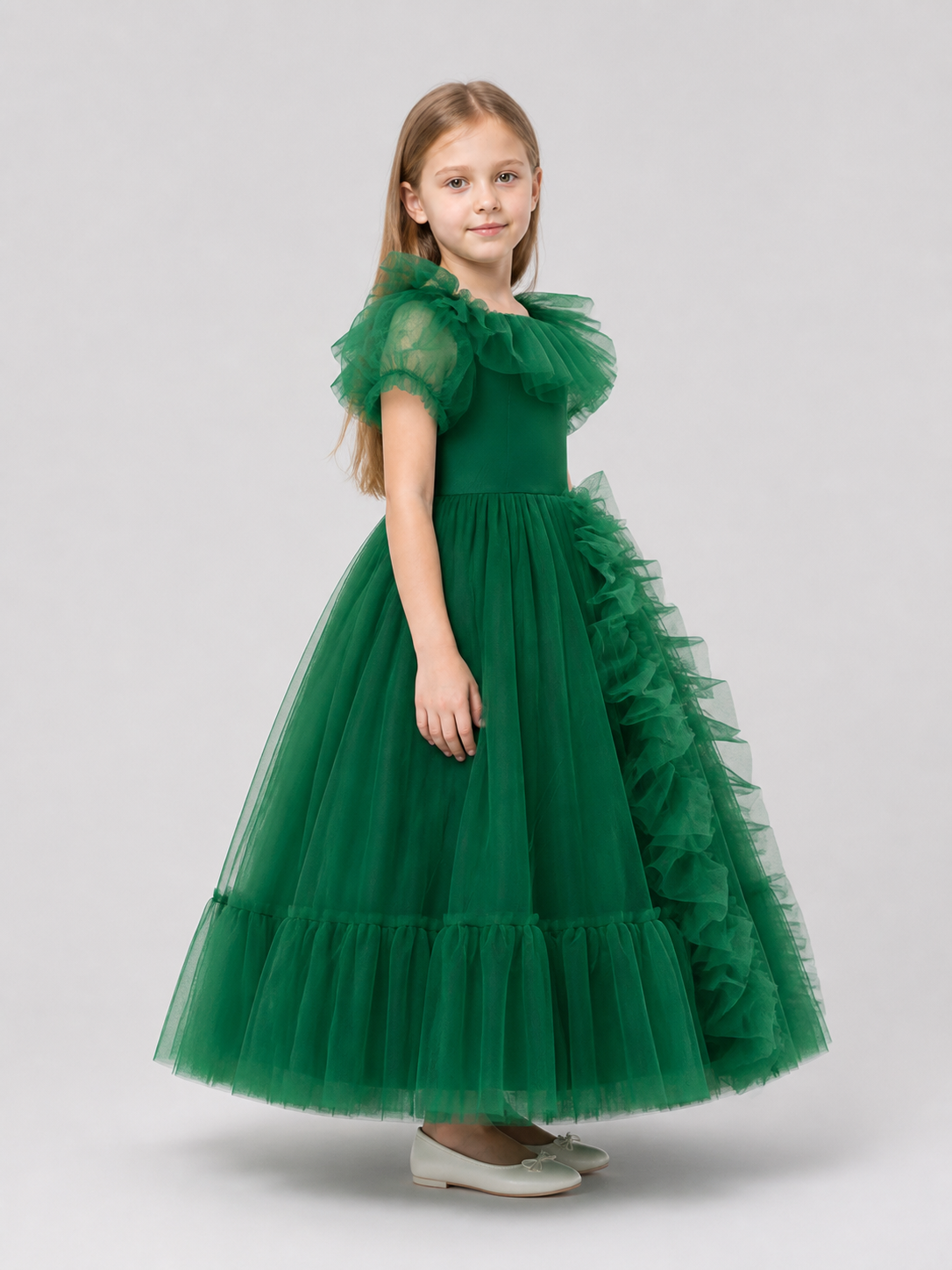 Dark Green Princess Dress for Girls with Full Skirt side view