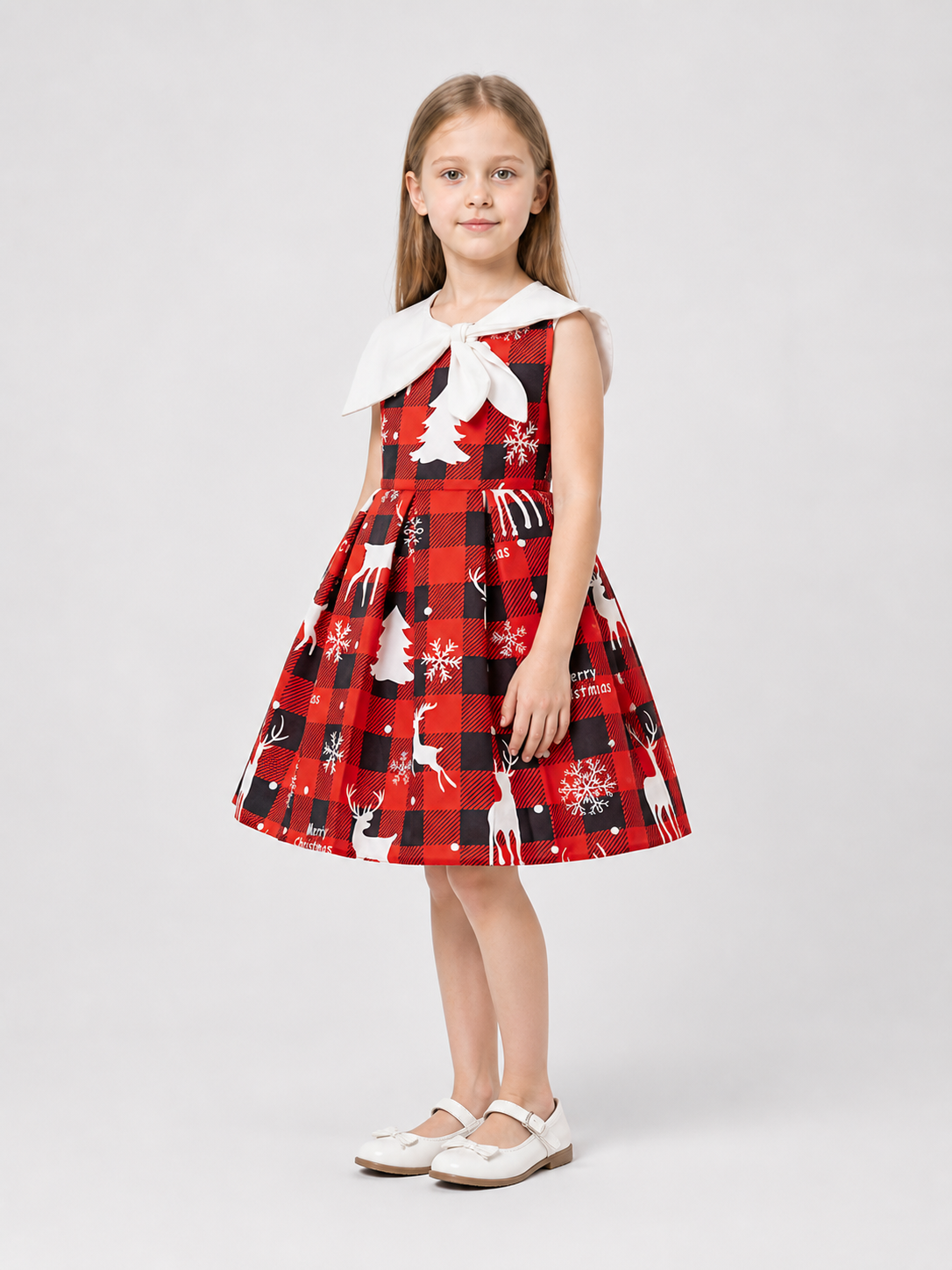 Dressy Christmas Dress, Plaid, Print, Bow side view