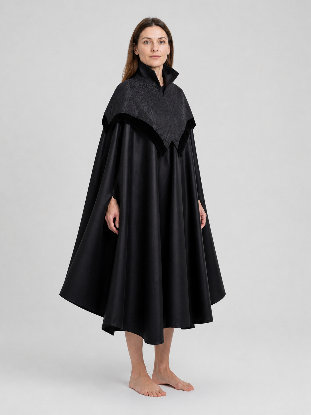 Black Gothic Cloak Cape with a High Collar side view