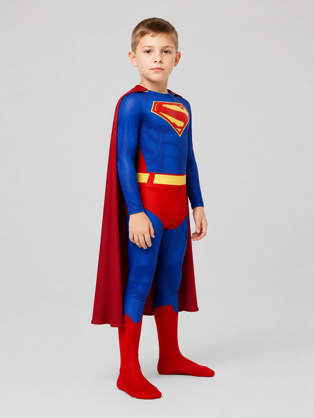 Superman Cosplay Costume, Jumpsuit with Cape side view