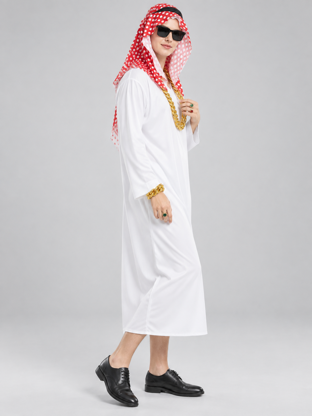 Arabian-themed carnival costume with a robe and headscarf side view