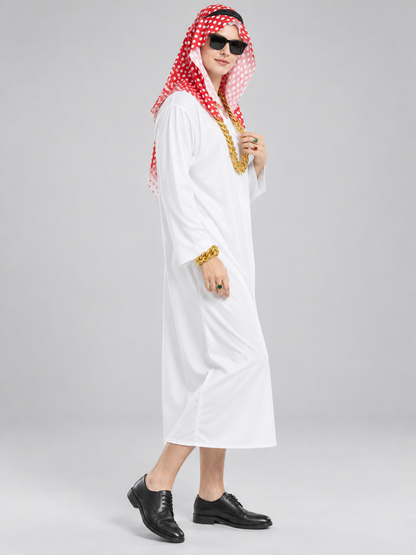 Arabian-themed carnival costume with a robe and headscarf side view