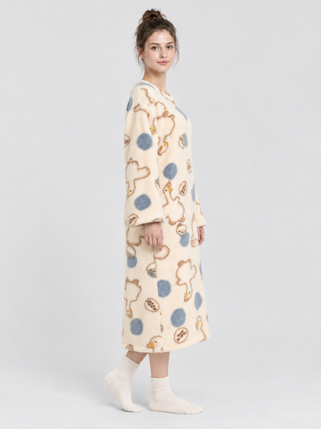 Long Loose Nightgown Cream Beige with Print