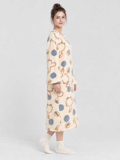 Long Loose Nightgown Cream Beige with Print