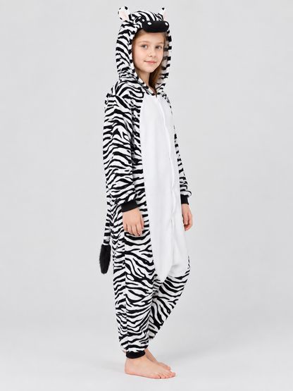 Zebra-Print Hooded Pajama Jumpsuit