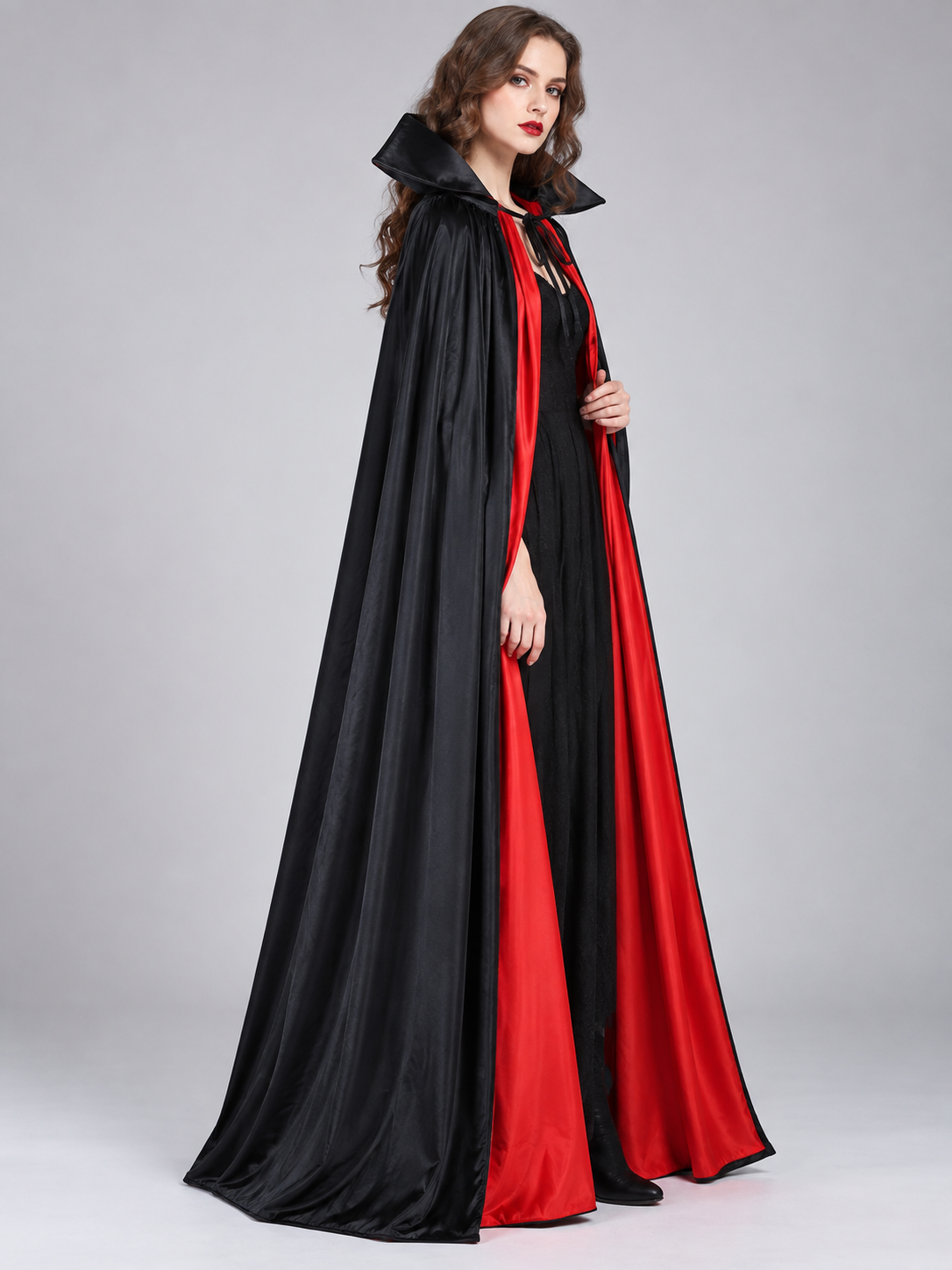 Long Black and Red Carnival Cape with Collar