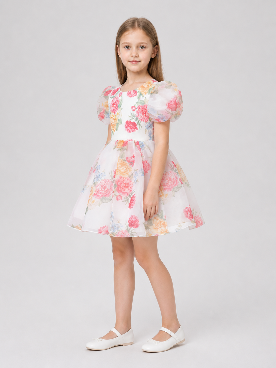 Children’s Dress with Floral Print and Puff Sleeves