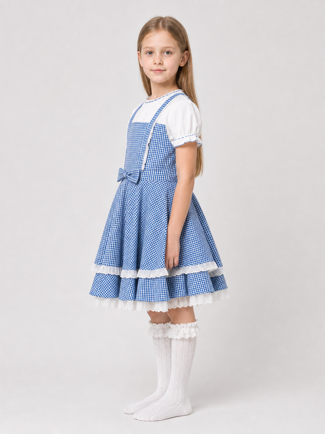 Retro-style plaid dress with socks and bows