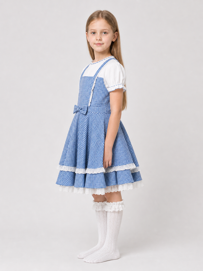 Retro-style plaid dress with socks and bows