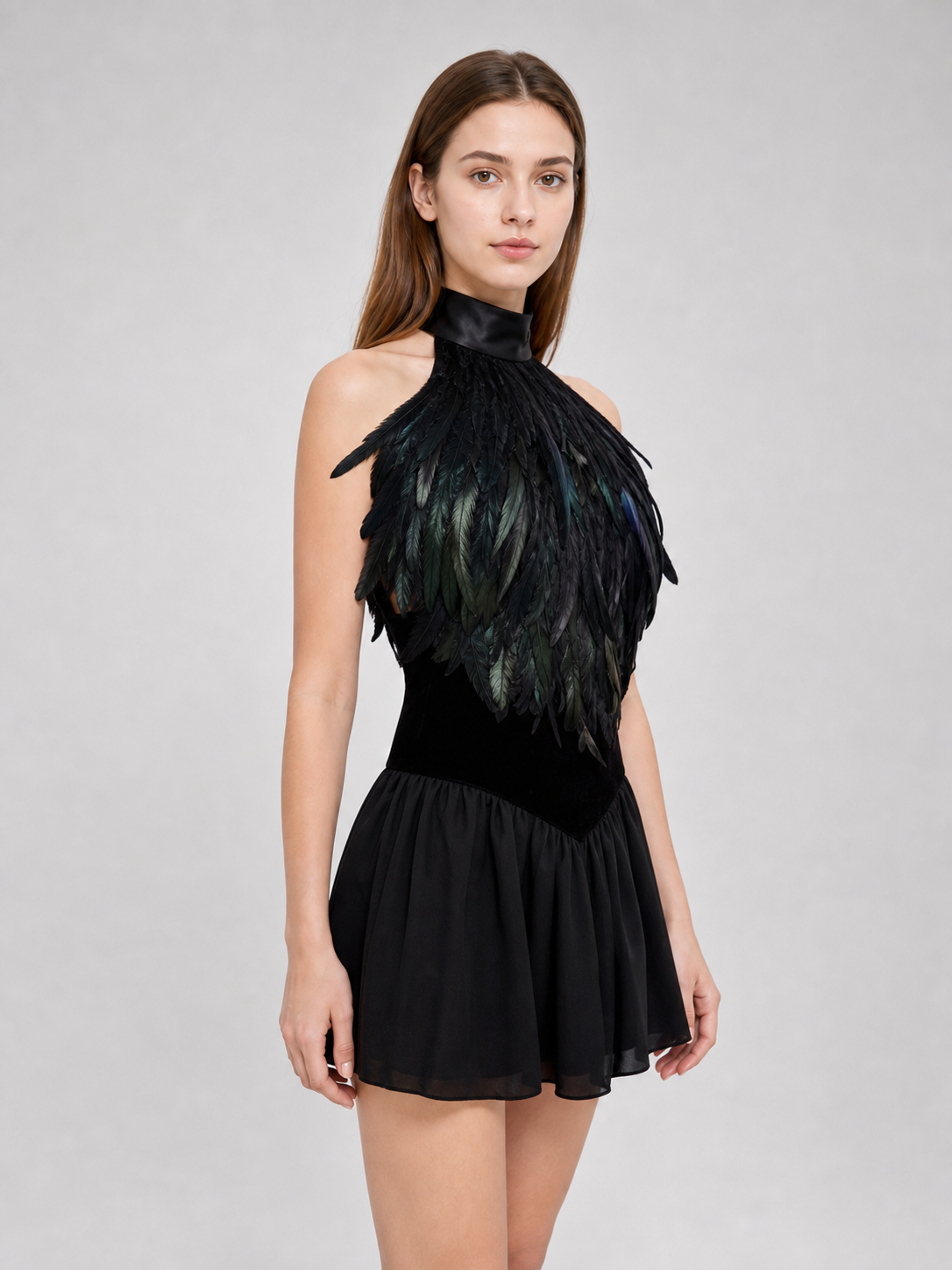 Black halter top with a feather-like texture and no embellishment
