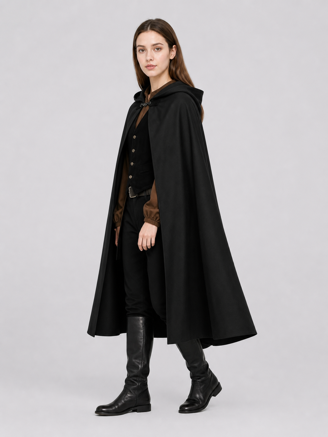 Long black hooded carnival cloak